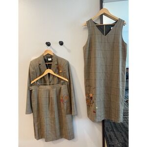 Vintage‎ Harve Benard Wool 3 Piece Suit Dress Skirt Size 14 Brown Check Plaid